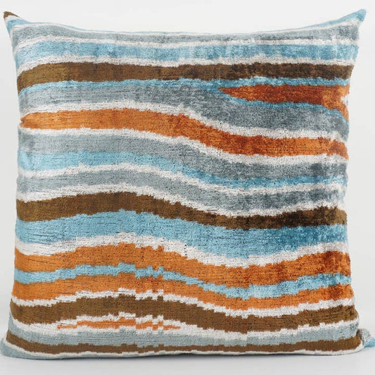 Handmade Ikat Silk/Velvet Blue Orange Pillowcase | 24" x 24"