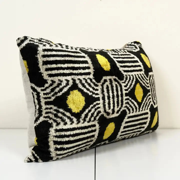 Black, White, and Yellow Geometric Silk Ikat Velvet Pillow | 16" x 24"