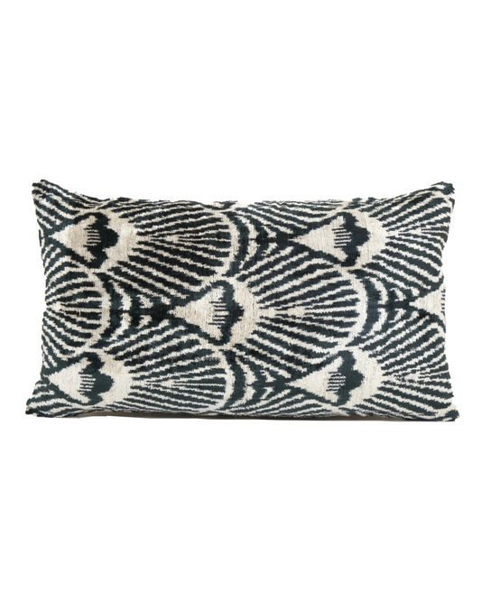 Black and White Geometric Silk Ikat Velvet Pillow | 16" x 24"