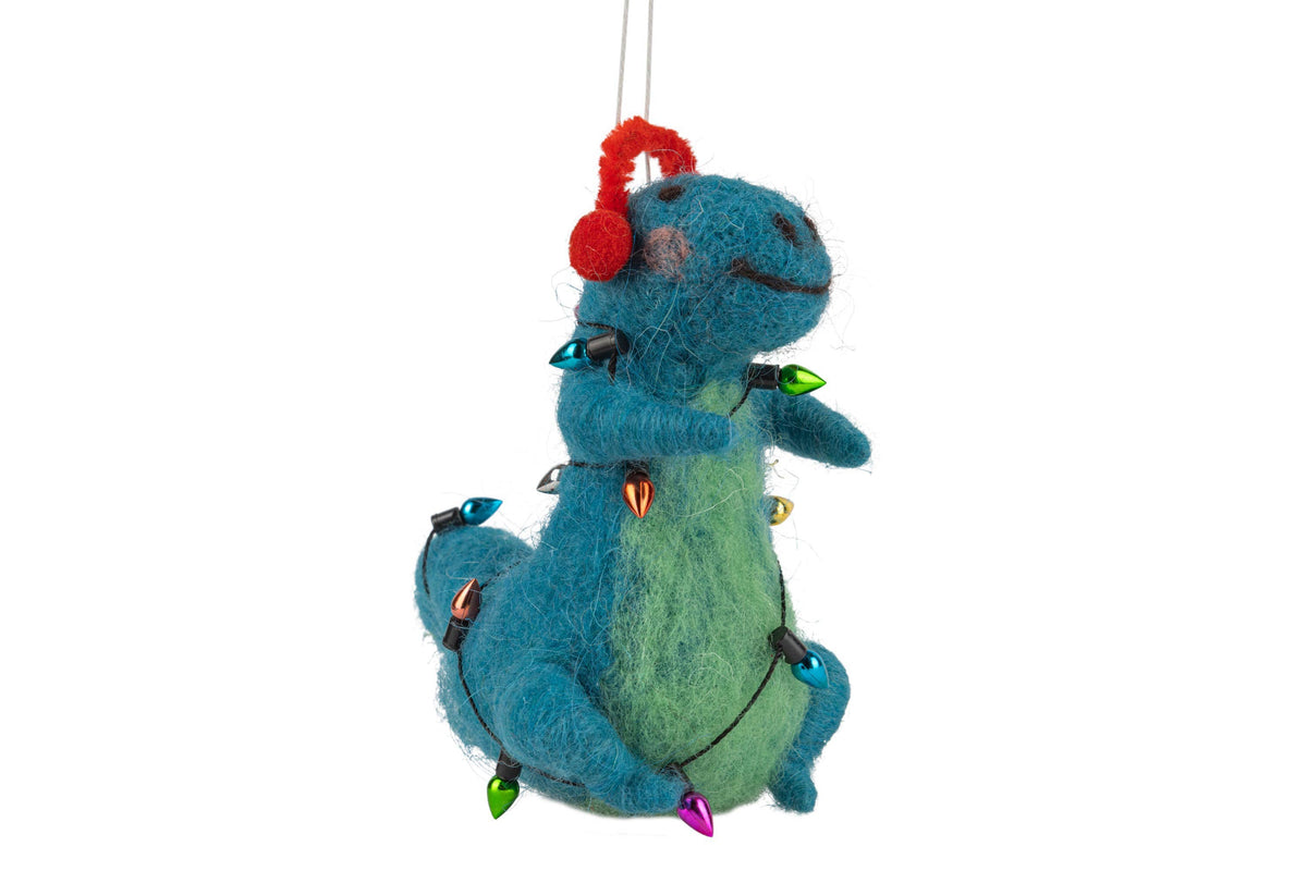 A12747:Felt dino wrapped in light string orn, blue, 4 in