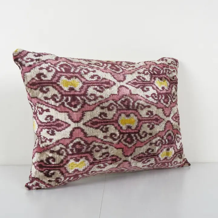Pink and Yellow Geometric Silk Ikat Velvet Pillow | 16" x 22"