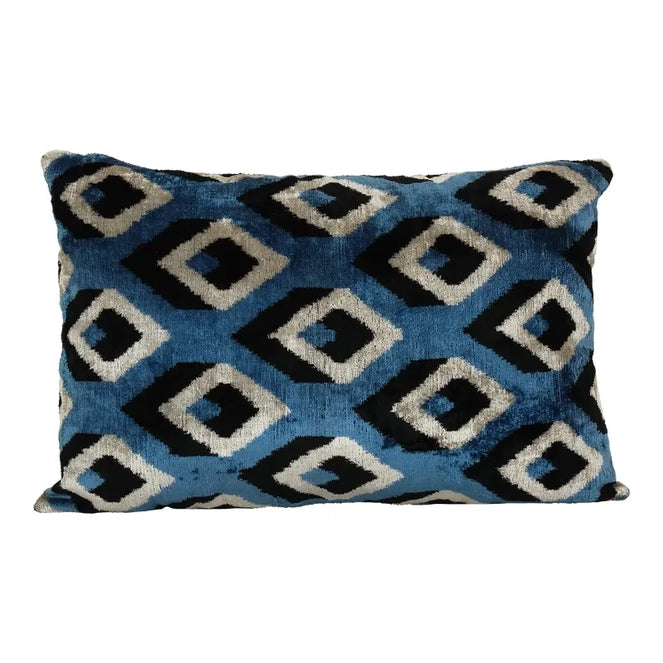 Silk Velvet Pillow Cover, Blue Geometric Ikat | 15