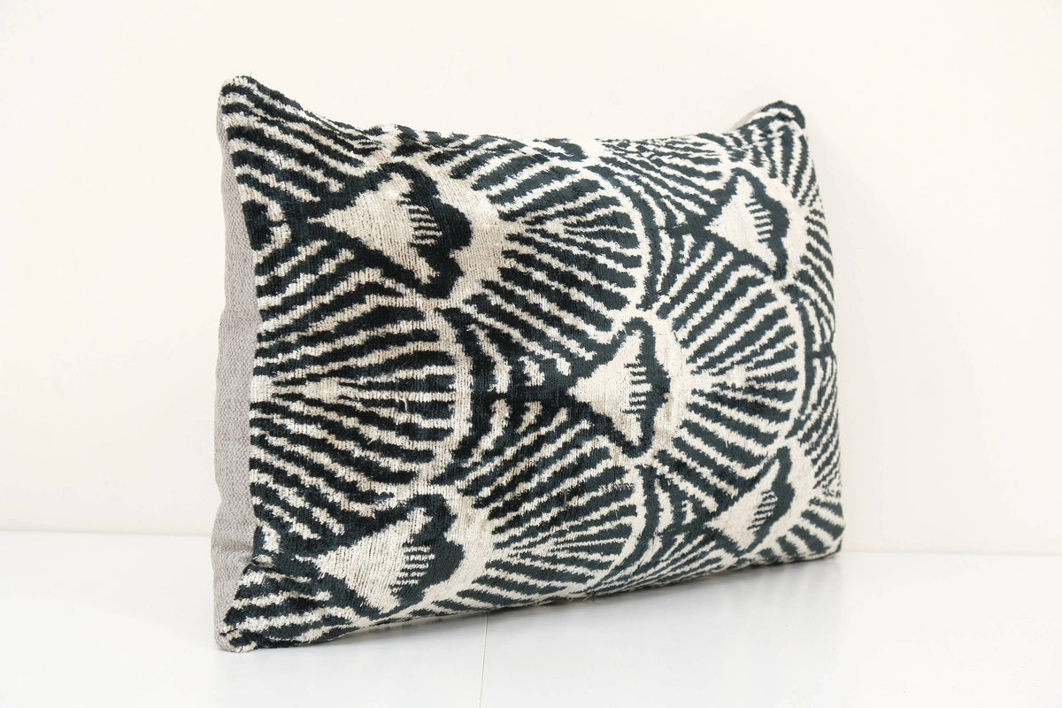 Geometric Design Ikat Velvet Pillow - Black Ethnic Silk Cush