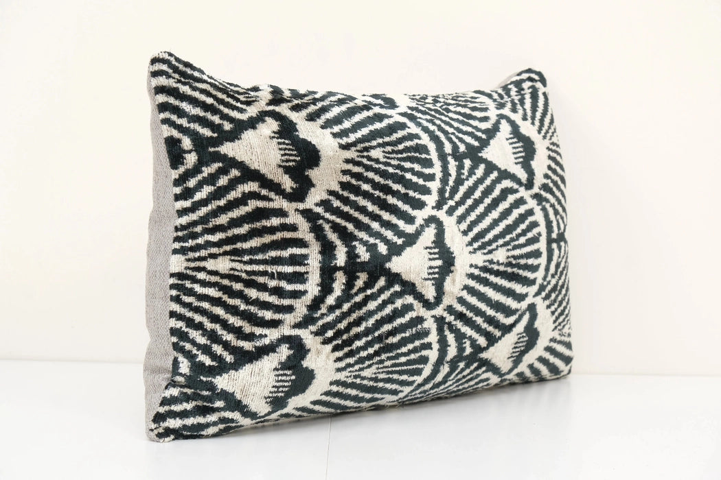Black and White Geometric Silk Ikat Velvet Pillow | 16" x 24"