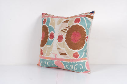 Square Oversize Turquoise Blue and Brown Suzani Pillow | 24" x 25"