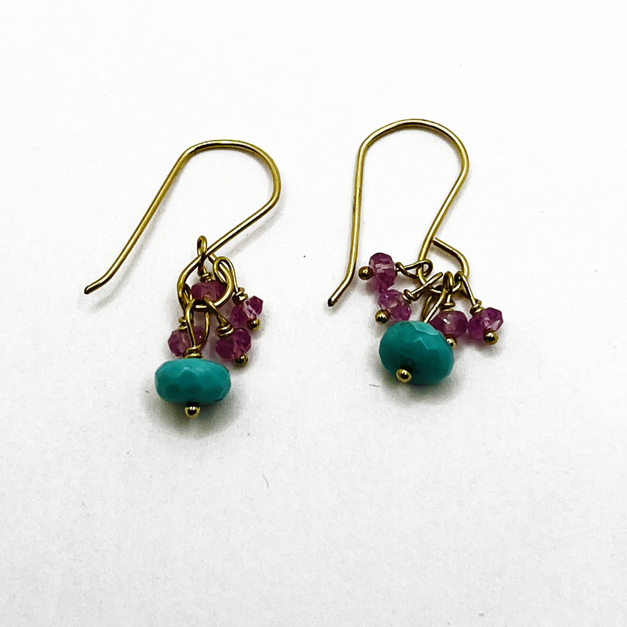 Turquoise and pink sapphire beads on gold fill wire earring