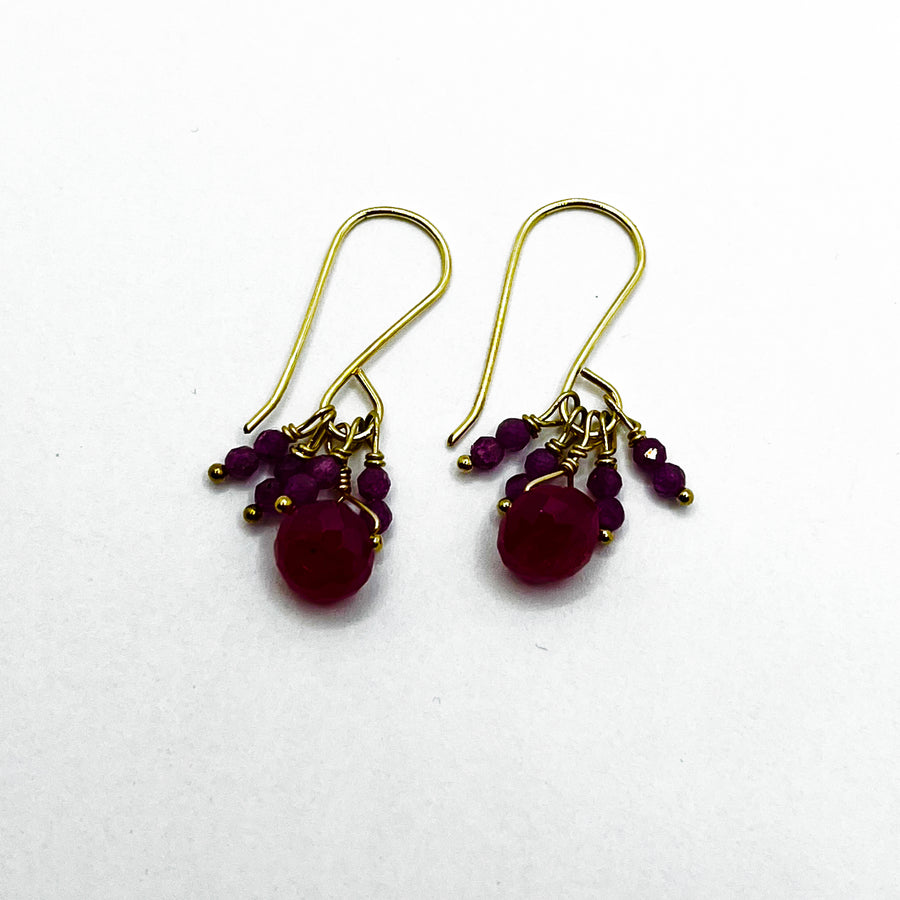 Ruby Bead Cluster on Gold Fill Wire Earring