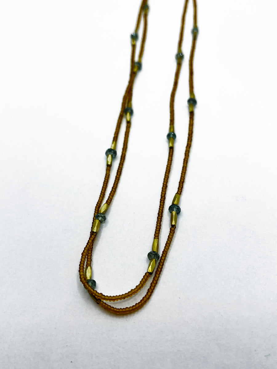 Debbie Fisher | Lt Amber seed, Mystic quartz and gold vermeil Beads with gold fill clasp double necklace