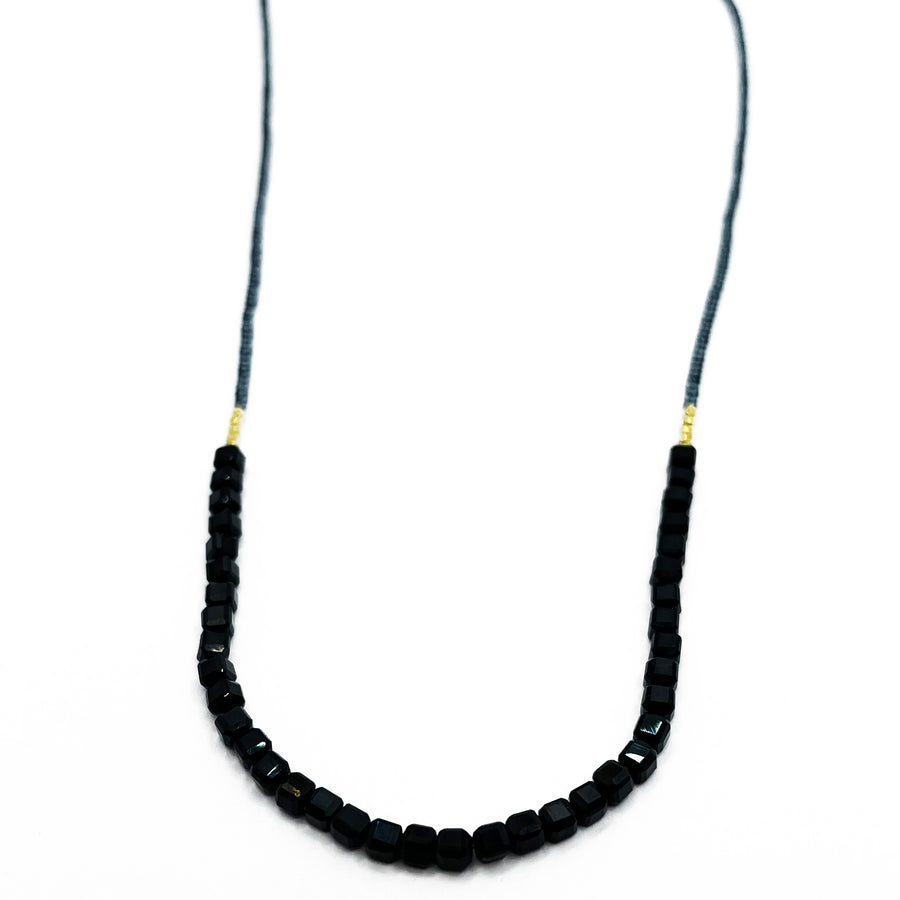Grey Seed Beads, Gold Vermeil and Black Onyx Bead Necklace