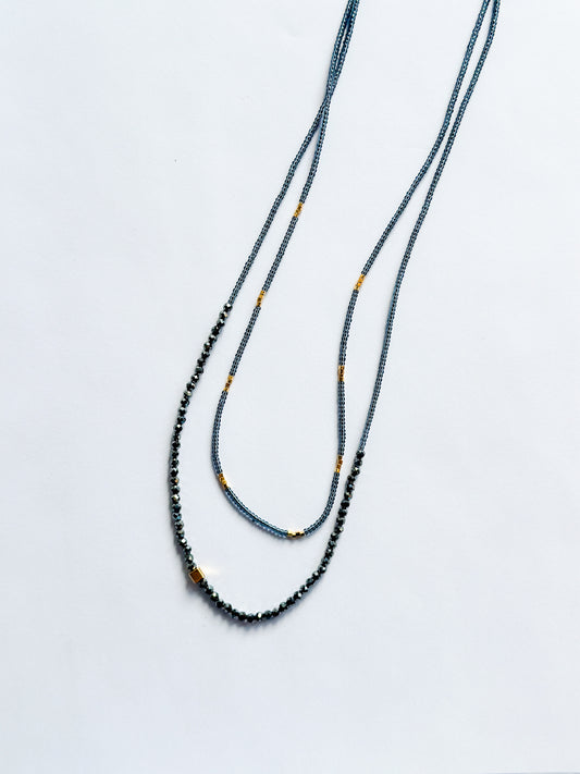 DEBBIE FISHER | Grey Seed, Gold Vermeil and Black Spinel Beads with Gold Fill Clasp Double Necklace
