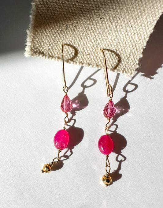 DEBBIE FISHER | Earrings of Pink Topaz, Ruby and Pyrite Beads