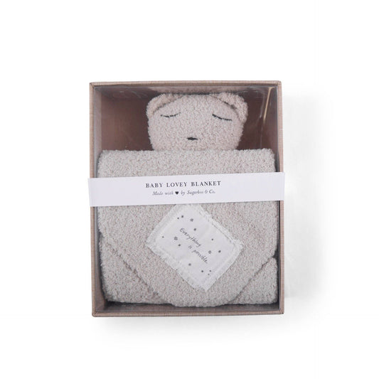 "Everything is possible." Bear Baby Lovey Blanket: Oatmeal / Everything is Possible