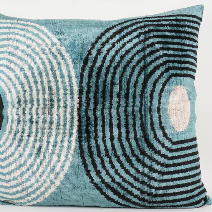 Handmade Ikat Silk/Velvet Blue, Cream and Black Pillow | 24" x 24"
