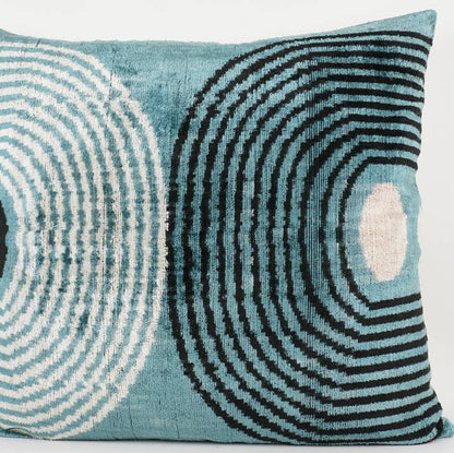 Handmade Ikat Silk/Velvet Blue, Cream and Black Pillow | 24" x 24"