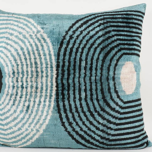 Handmade Ikat Silk/Velvet Blue, Cream and Black Pillow | 24" x 24"