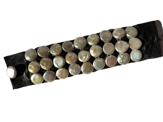Danielle Welmond |  Bracelet of White Coin Pearls on Leather
