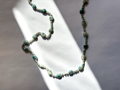 Knotted Tan Cord With Oval Faceted Blue Selvenite Necklace