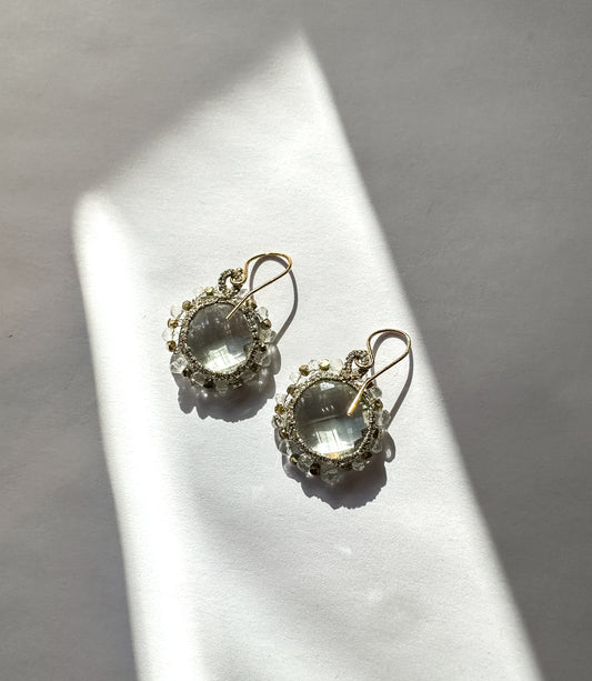 DANIELLE WELMOND | Caged Orbit Green Amethyst Earrings with Gold Cord and 14K Gold Vermeil Beads