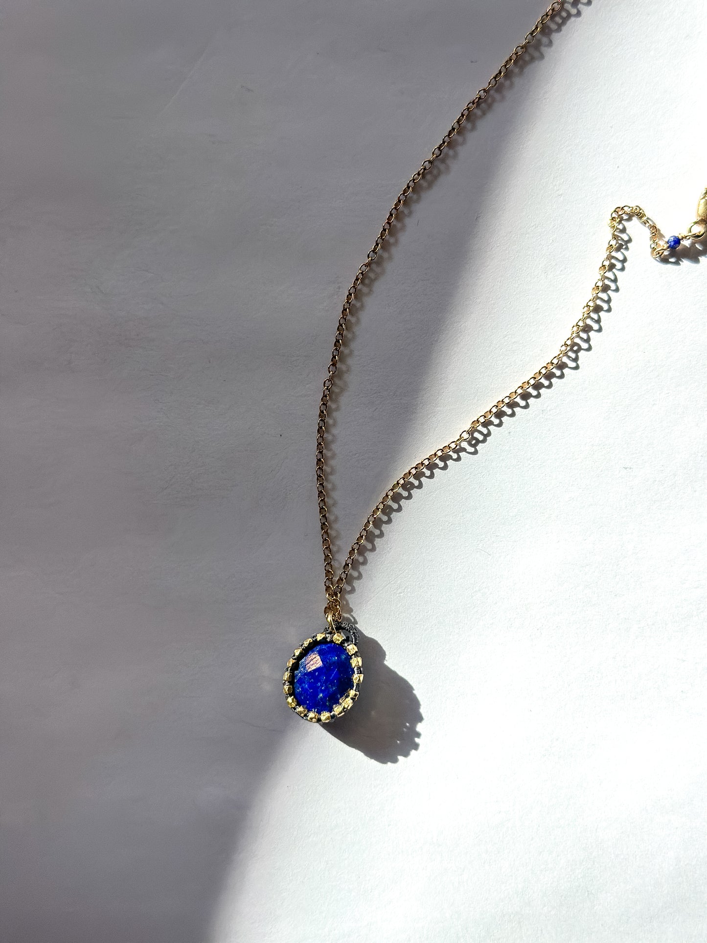 DANIELLE WELMOND | Caged Lapis Oval w/ Navy Cord, 14K Gold Vermeil Beads on 14K Gold Vermeil Chain Necklace