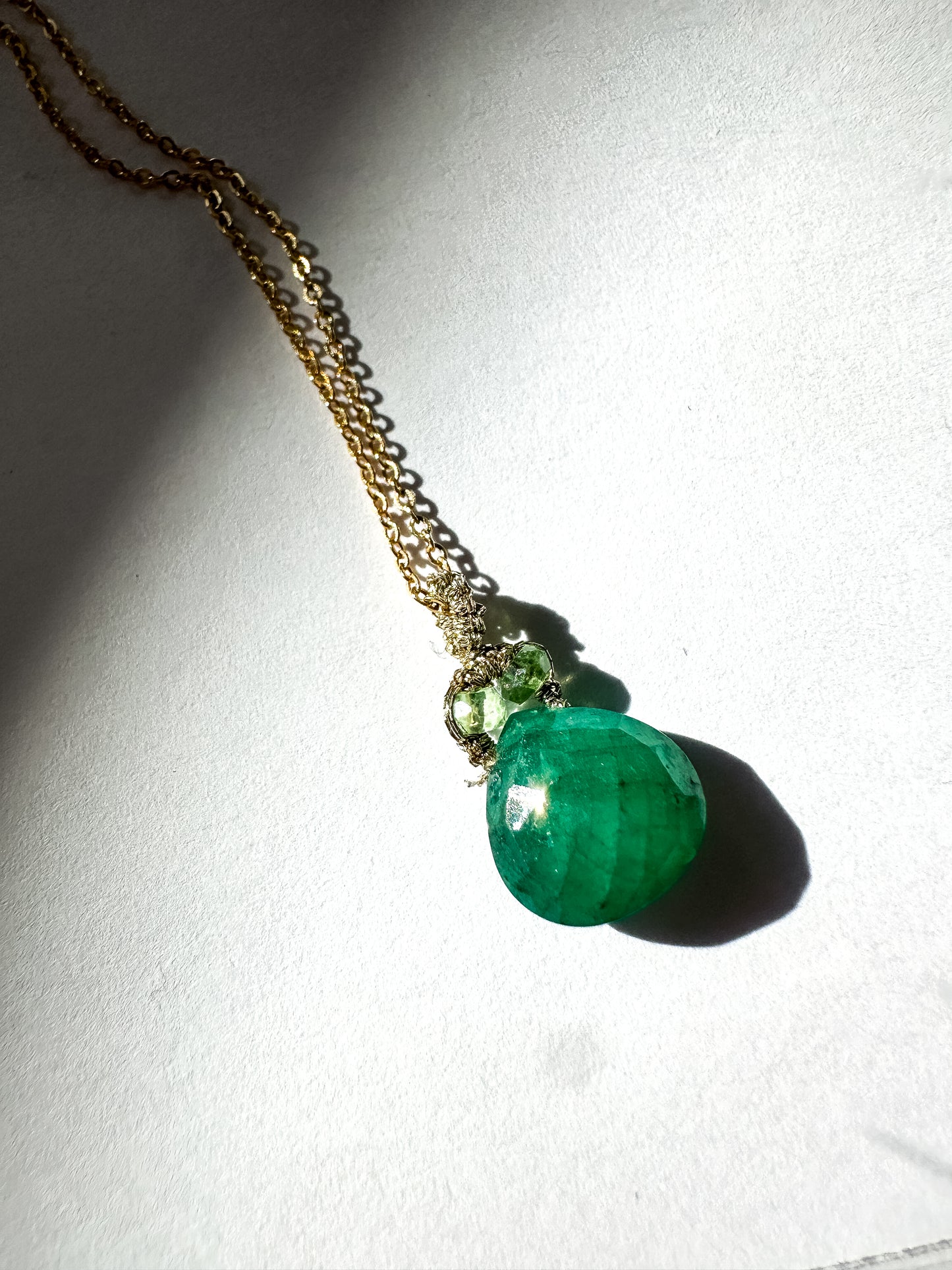 Danielle Welmond | Woven Gold Cord Necklace w/ Emerald and Green Apatite on Gold Filled Chain