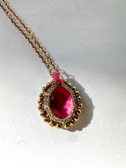 DANIELLE WELMOND | Caged Pink Quartz w/ Gold Cord and Gold Pyrite Necklace