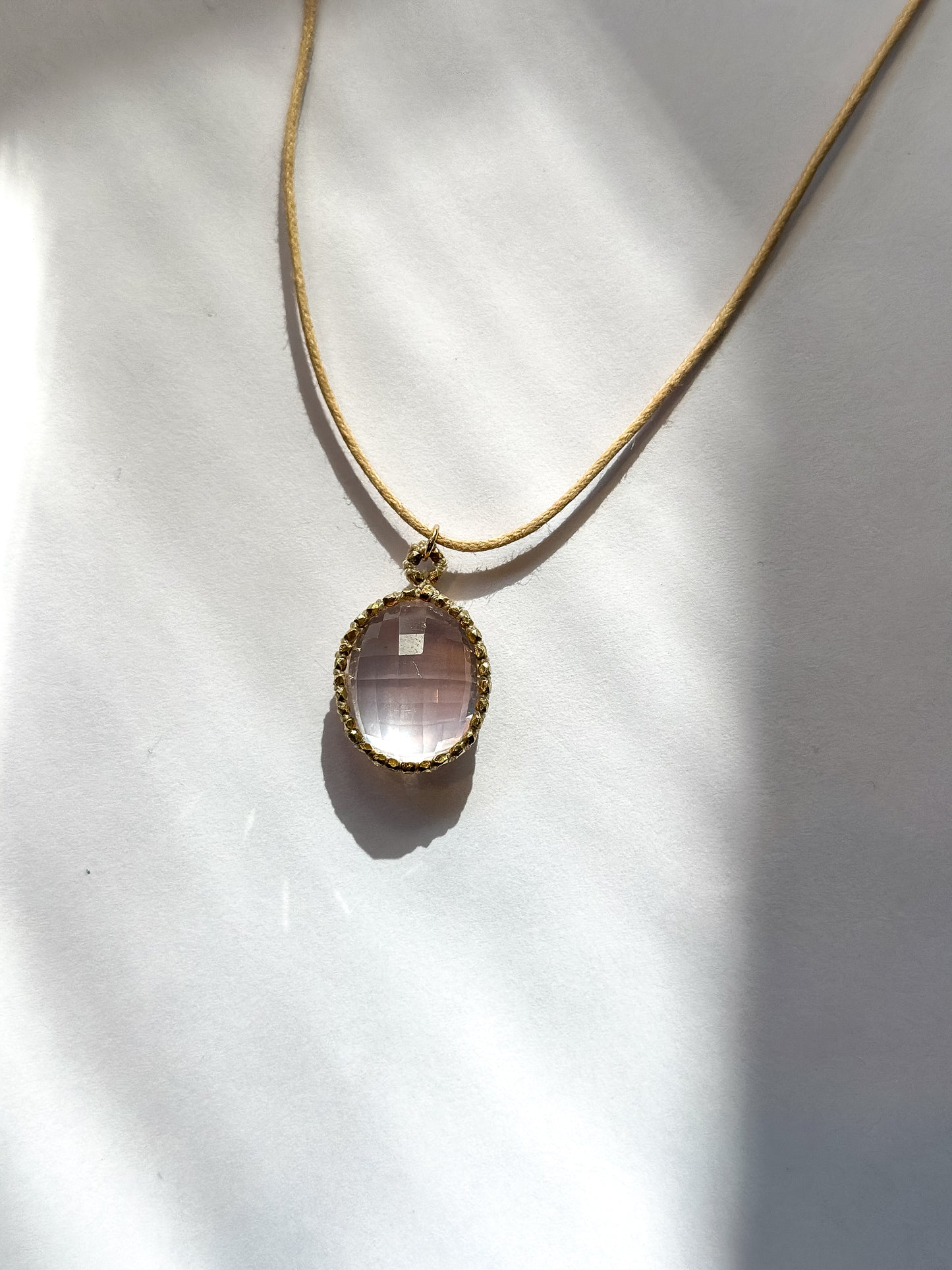 DANIELLE WELMOND | Caged Rose Quartz with Taupe Cord and 14kt Gold Vermeil Beads Necklace
