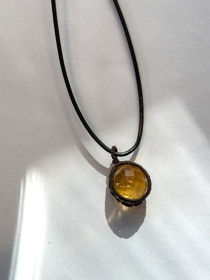 DANIELLE WELMOND | Caged Citrine Necklace on Brown Leather Cord