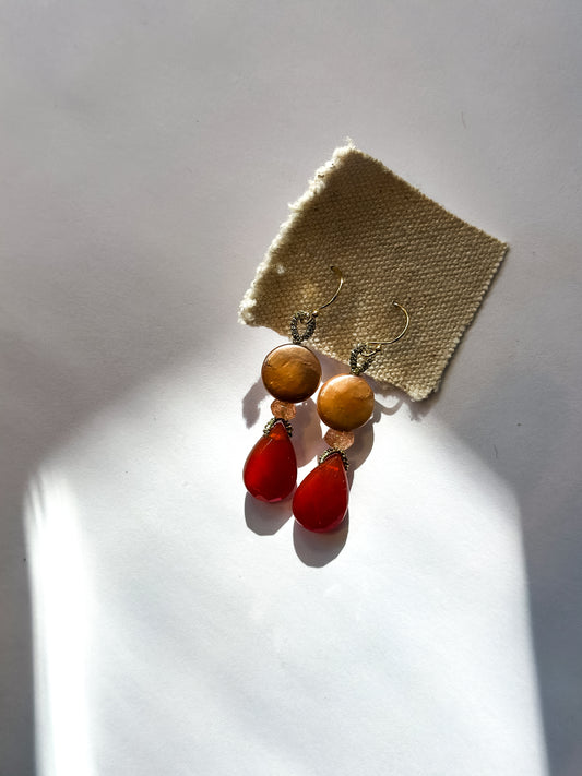DANIELLE WELMOND | Woven Gold Cord with Taupe Pearl, Sunstone, and Carnelian Drop Earrings