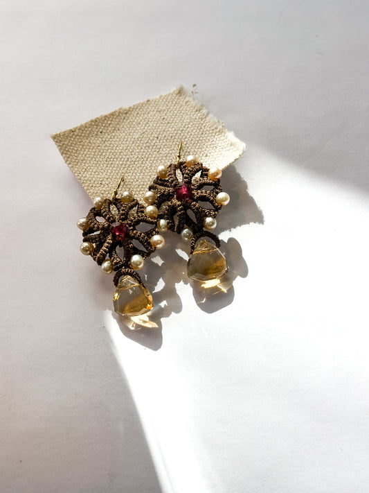 Danielle Welmond | Woven Flower with Pearls, Garnet and Citrine Earrings