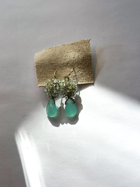 Danielle Welmond |  Earrings of Aquamarine Nuggets and Sea Blue Chalcedony with Woven Gold Cord