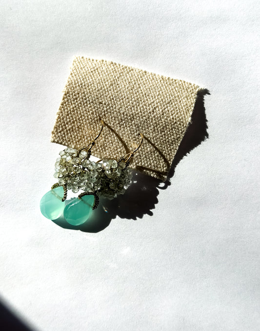 Danielle Welmond |  Earrings of Aquamarine Nuggets and Sea Blue Chalcedony with Woven Gold Cord