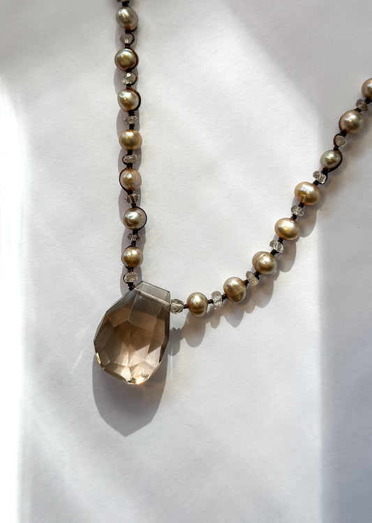 DANIELLE WELMOND | Woven Brown Silk Cord with Taupe Pearls, Pyrite, Brown Zircon and Smokey Quartz Nugget Drop Necklace