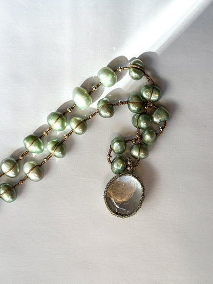 Danielle Welmond |  Necklace of Green Pearls, Gold Pyrite and Caged Aquamarine on silk cord