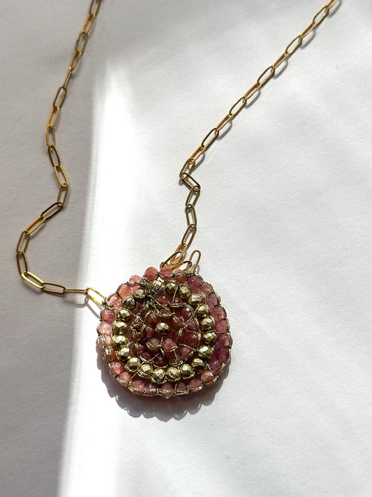 DANIELLE WELMOND | Woven Gold Chord w/ Pink Tourmaline and Gold Pyrite on Gold Filled Chain Necklace