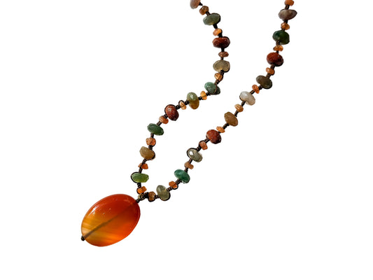 DANIELLE WELMOND | Woven Brown Silk Cord with Sunstone, Carnelian, Pyrite Necklace