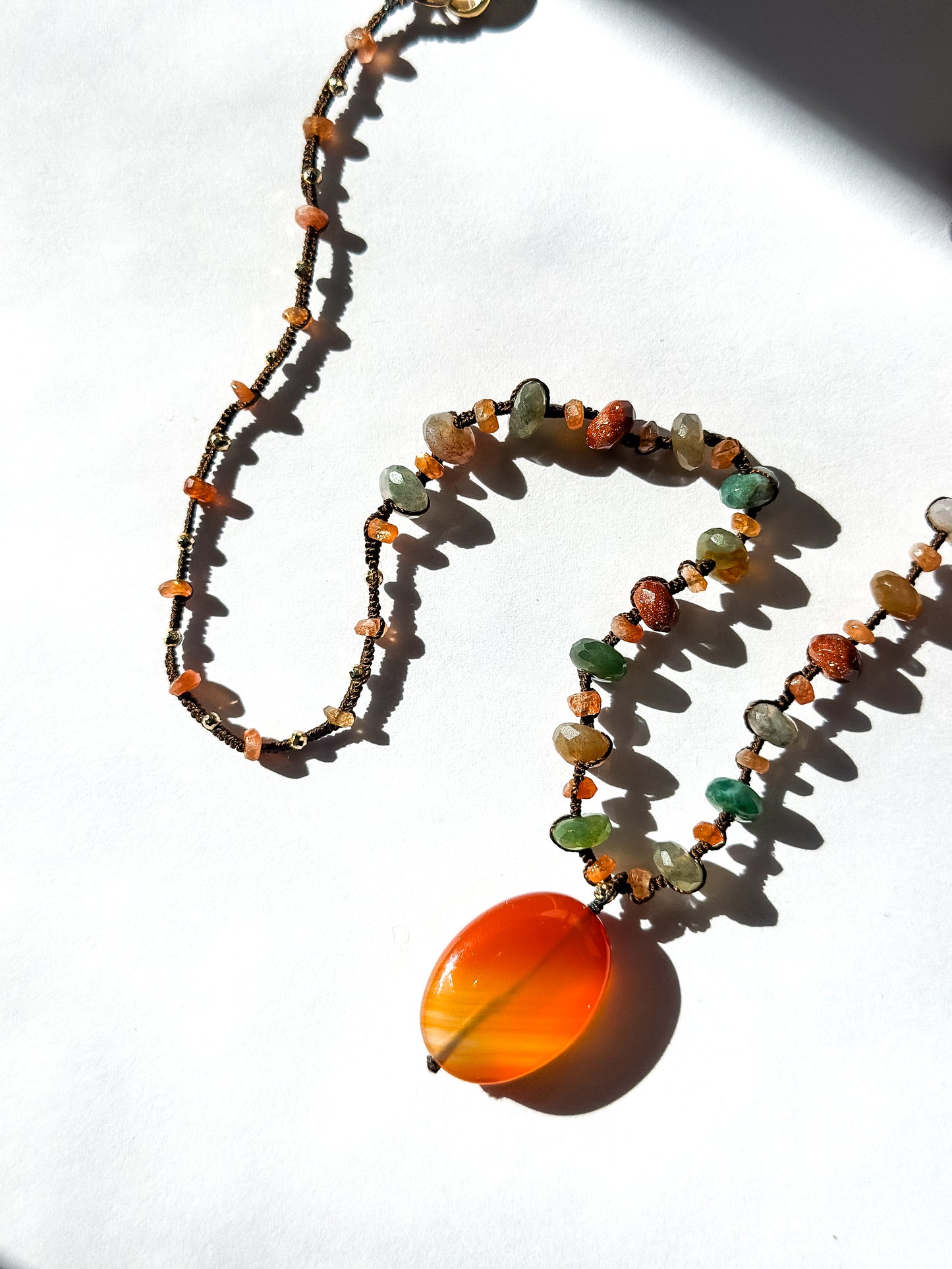 DANIELLE WELMOND | Woven Brown Silk Cord with Sunstone, Carnelian, Pyrite Necklace
