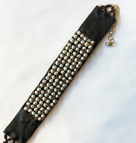Danielle Welmond |  Bracelet of Silver Pearls on Brown Leather