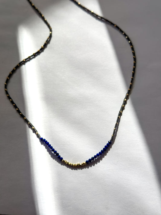 Danielle Welmond | Woven Dark Grey Silk Cord Necklace w/ Lapis and 14K Gold Vermeil Beads