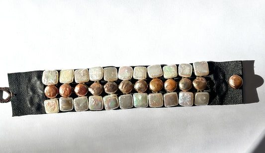 Danielle Welmond |  Bracelet of White Square Pearls on Leather