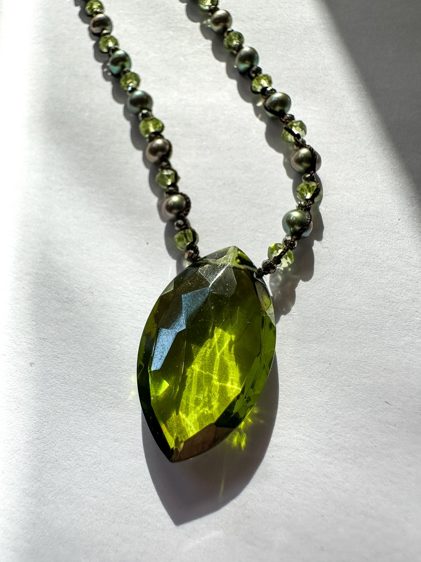 Danielle Welmond |  Necklace of Pyrite, Green Pearls, Peridot, and peridot Quartz Marquis Drop