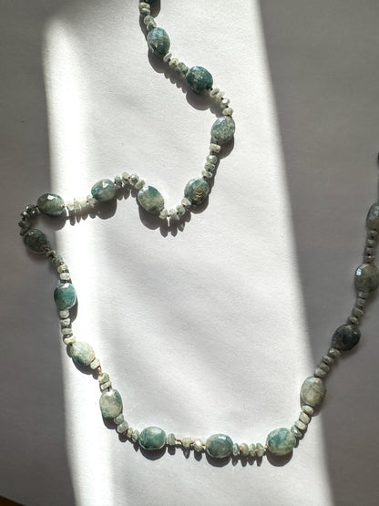 Knotted Tan Cord With Oval Faceted Blue Selvenite Necklace