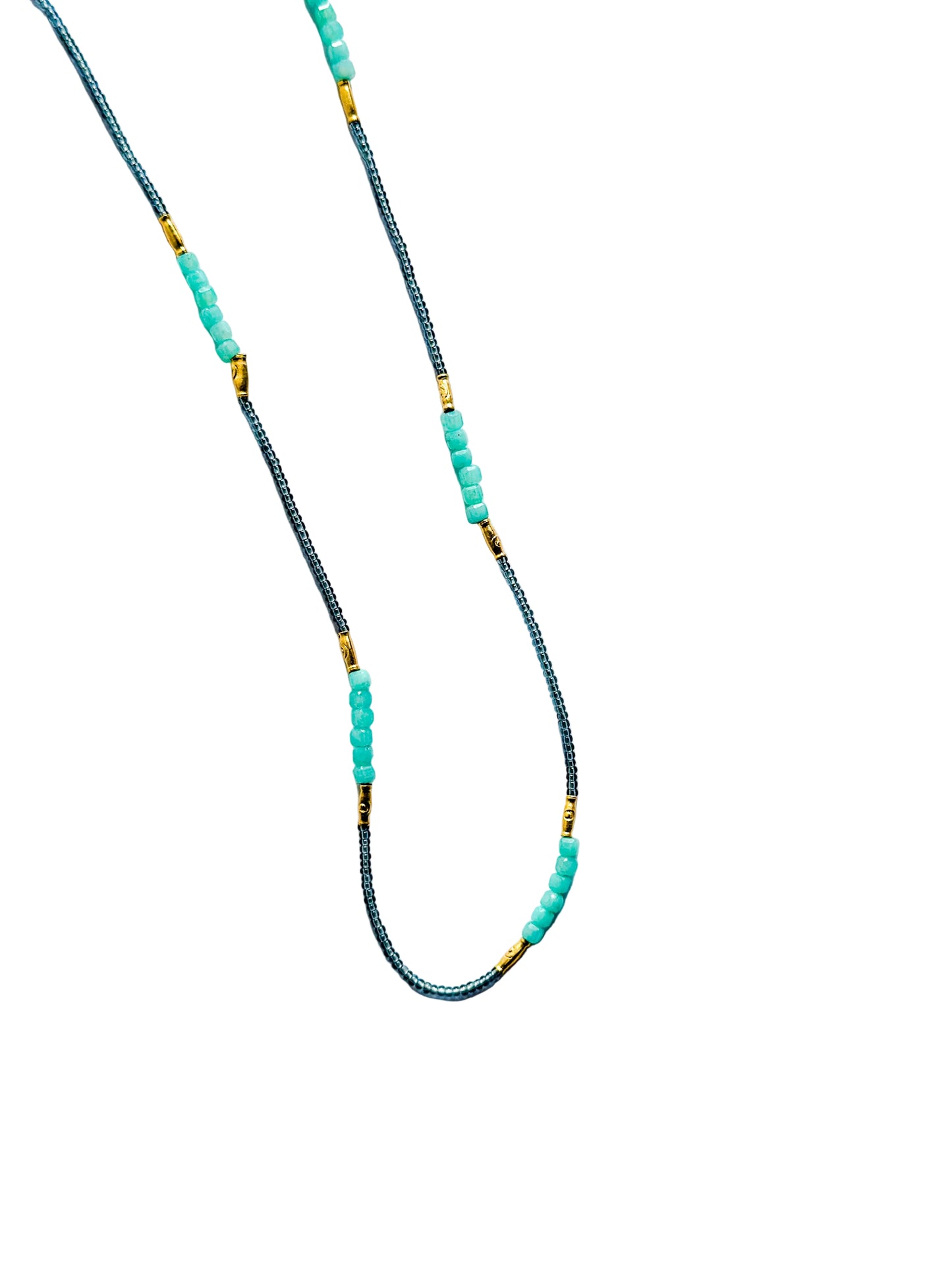 DEBBIE FISHER | Grey Seed, Gold Vermeil and Amazonite Beads with Gold Fill Clasp Necklace
