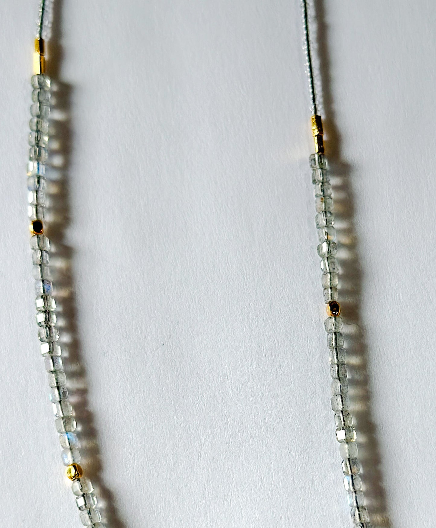 DEBBIE FISHER | Necklace of half Clear Glass Beads, half Clear seed beads, and Gold beads
