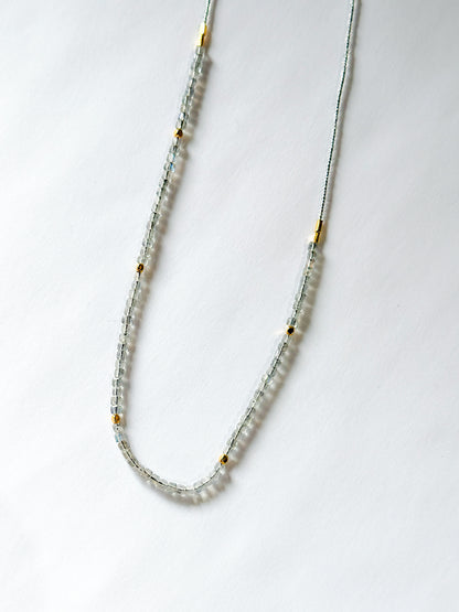 DEBBIE FISHER | Necklace of half Clear Glass Beads, half Clear seed beads, and Gold beads