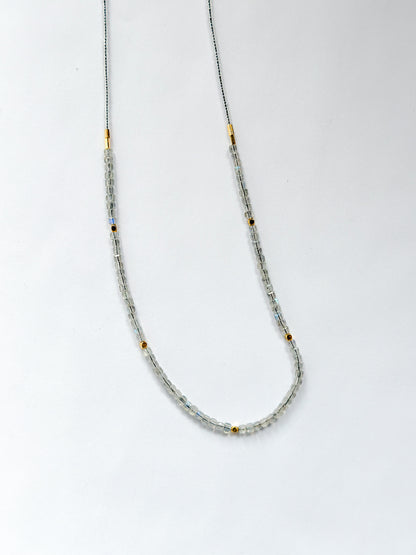 DEBBIE FISHER | Necklace of half Clear Glass Beads, half Clear seed beads, and Gold beads
