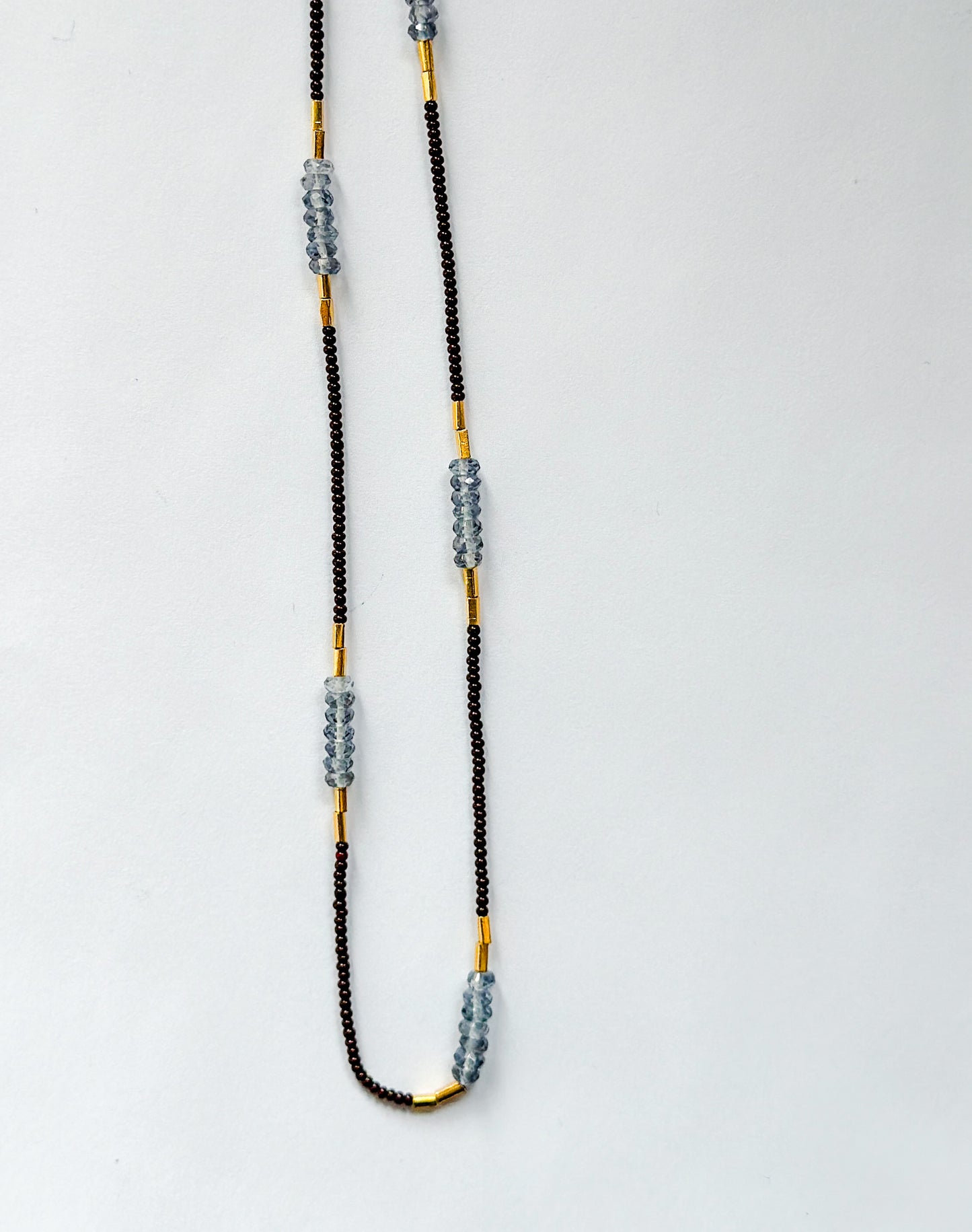 DEBBIE FISHER | Necklace Dark Brown Seed Beads, Iolite, and Gold Fill Beads