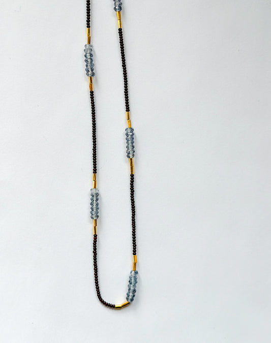 DEBBIE FISHER | Necklace Dark Brown Seed Beads, Iolite, and Gold Fill Beads