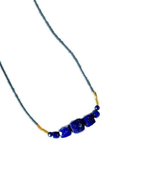 DEBBIE FISHER | Necklace of Grey Seed Beads, Gold Vermeil and Lapis Bead Center