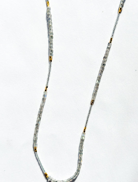 DEBBIE FISHER | Necklace of mixed Clear Glass Beads, Clear seed beads, and Gold beads