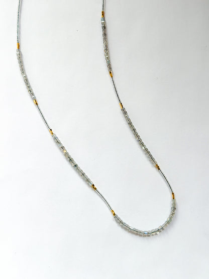 DEBBIE FISHER | Necklace of mixed Clear Glass Beads, Clear seed beads, and Gold beads